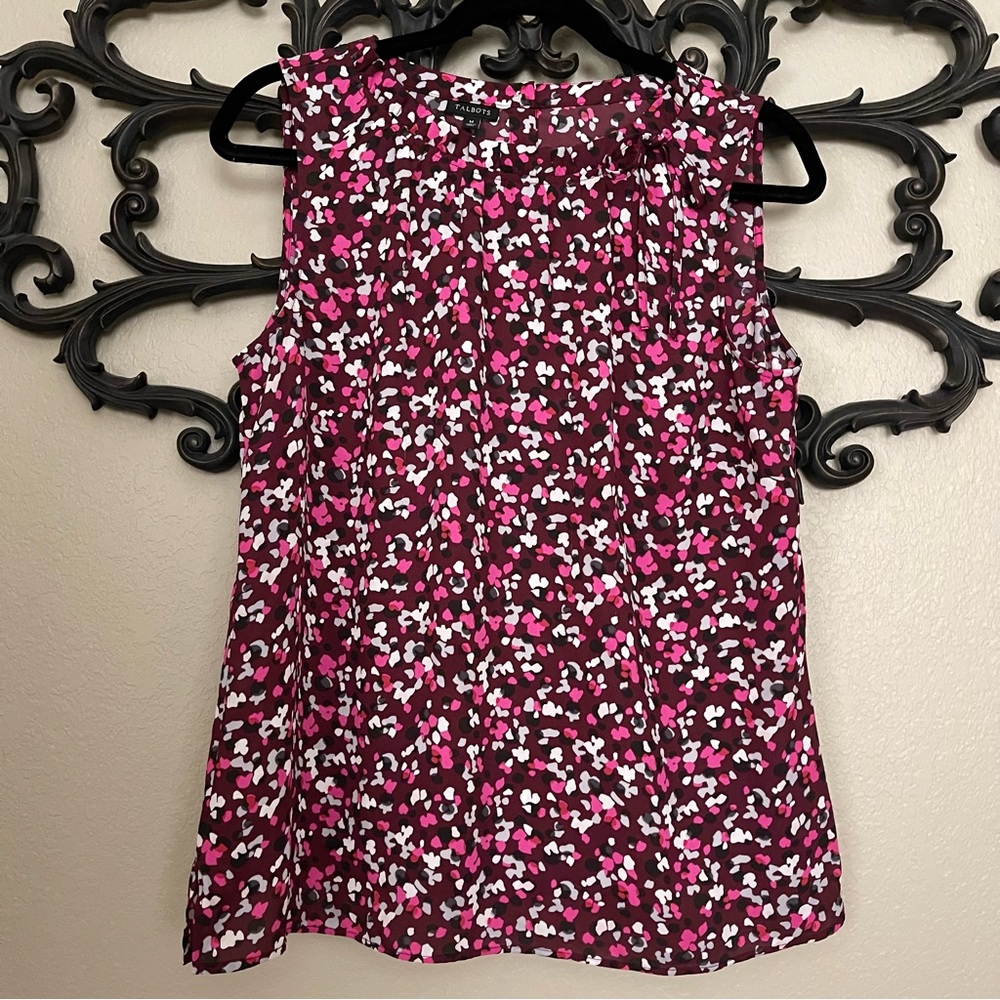 Talbots Sleeveless Top Confetti Print on Burgundy Tie Ruffle Neckline Size M - Picture 5 of 15